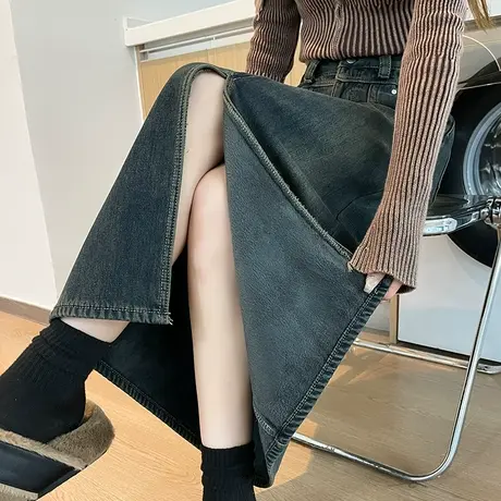 加绒开叉牛仔半身裙女冬季新款加厚高腰复古遮胯中长款A字包臀裙图片