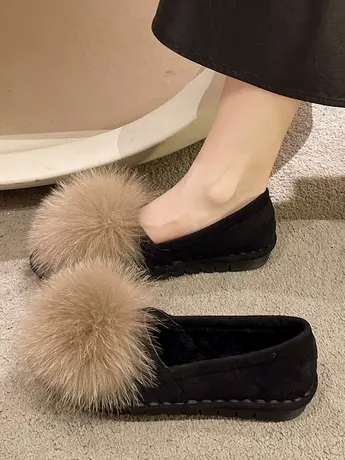 毛毛豆豆鞋女外穿2023秋冬新款韩版平底软底一脚蹬狐狸毛加绒瓢鞋图片