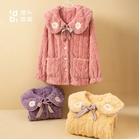 顶瓜瓜女士剪花绒睡衣可爱翻领加厚家居服套装27092MF商品大图