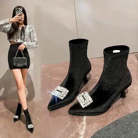 短靴女2023新款秋冬季水钻法式瘦瘦靴绒面马丁靴细跟高跟鞋配裙子图片