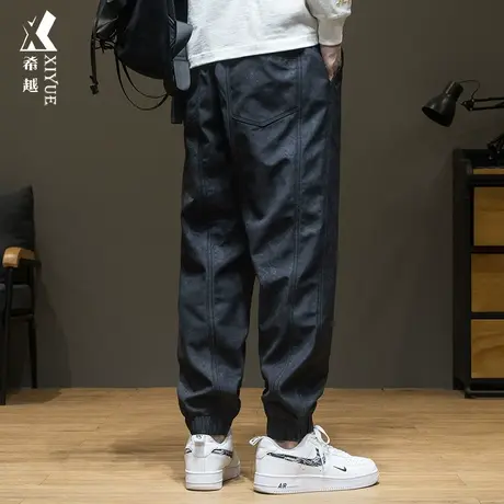 希越针织休闲裤子男秋冬潮牌3D描绘雕花工装裤宽松大码抽绳长裤子商品大图