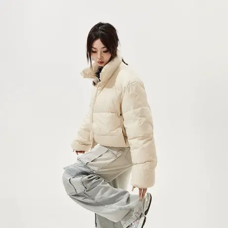美式辣妹风短款立领保暖羽绒服女冬季2023新款加厚外套复古面包服商品大图