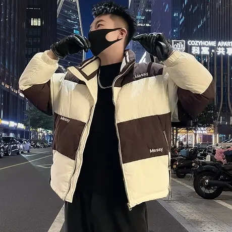 棉服外套男冬季2023新款撞色拼接设计感宽松休闲立领防寒羽绒棉衣图片