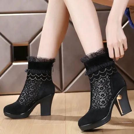 真皮女春秋靴磨砂单靴高跟鞋女鞋女靴短靴单鞋春秋鞋镂空网靴2014商品大图