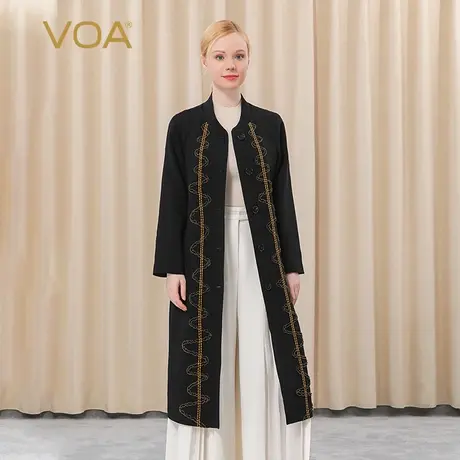 VOA60姆米真丝长空插肩长袖黑色黄线装饰木耳边单排扣桑蚕丝外套图片