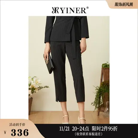 YINER音儿女装春季时尚通勤微衩竖条纹休闲裤商品大图