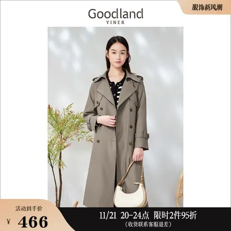 Goodland美地女装2023春季复古英伦双排扣中长款风衣外套商品大图