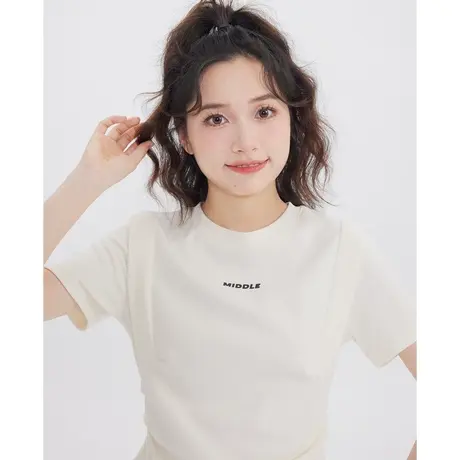 尔给设计感抽褶收腰上衣夏季不规则下摆别致杏色短款正肩t恤女图片