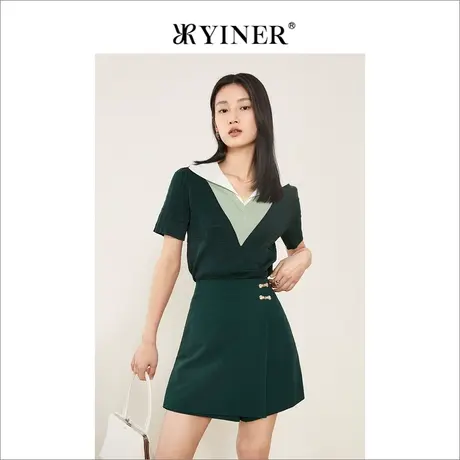 YINER音儿女装2022夏季新款撞色拼接V领针织衫套头商品大图
