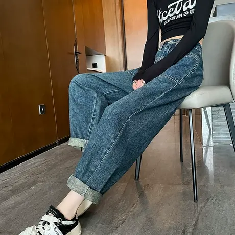 哈伦牛仔裤女春秋季2023年新款高腰显瘦百搭直筒香蕉裤萝卜老爹裤商品大图