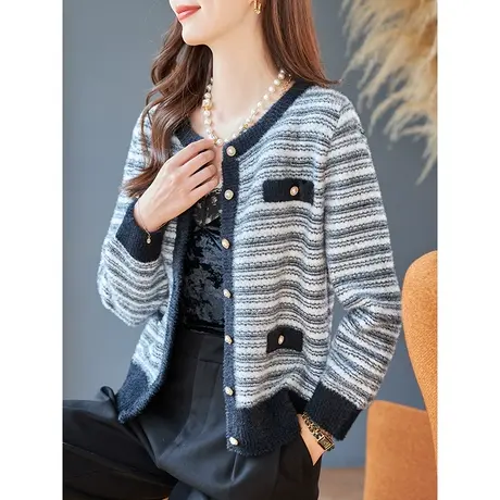 宝诗黎圆领小香风钉珠针织开衫2023春秋季新款条纹上衣女士短外套商品大图