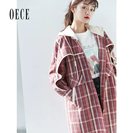 Oece春装女装 桃气女英伦元气格纹连帽中长款风衣外套图片