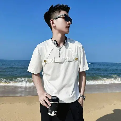 短袖t恤夏季潮流拼接设计潮男痞帅半袖上衣新款个性夜店短袖体恤商品大图