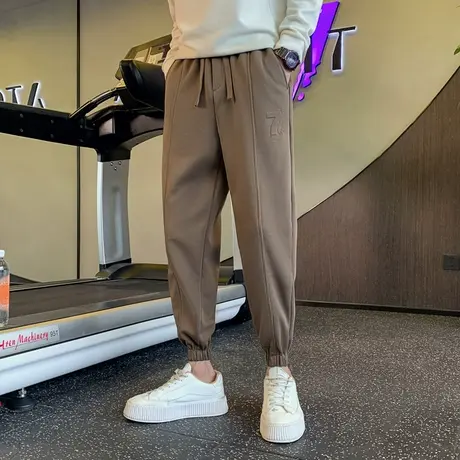 冬季加绒加厚学生卫裤松紧哈伦裤纯色运动裤重磅百搭男束腿休闲裤商品大图