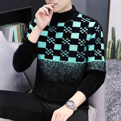 秋冬季水貂绒格子毛衣男士打底衫青少年学生羊绒衫加厚保暖上衣服商品大图