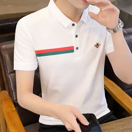 夏季新款短袖t恤男翻领小蜜蜂刺绣男士polo衫棉感半袖保罗上衣服图片