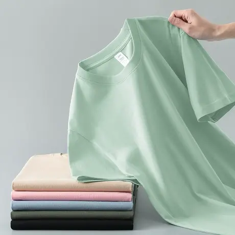 重磅纯棉t恤男女短袖宽松纯色圆领上衣服潮流夏季全棉半袖体恤衫商品大图