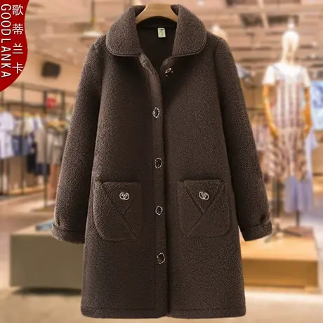 中年妈妈外套秋冬季新款加肥加大码女装皮毛一体羊羔绒中长款大衣商品大图