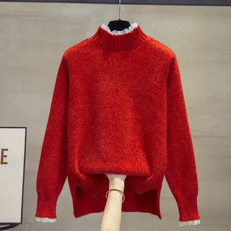 蕾丝半高领毛衣女加厚打底衫2023秋冬新款针织衫内搭水貂绒上衣潮商品大图