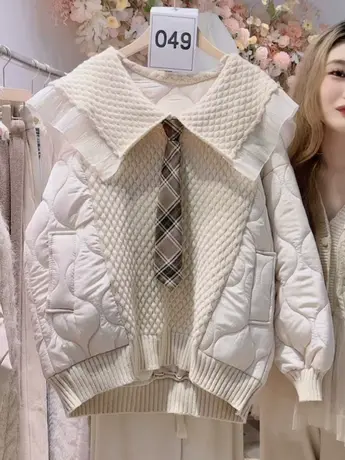 奶系设计感棉服女秋冬新款宽松甜美娃娃海军领针织拼接夹棉外套潮图片