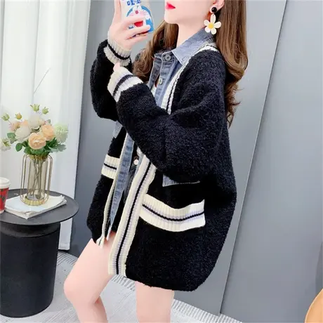 牛仔拼接羊羔毛衣外套女2023年秋季新款韩版宽松假两件设计感上衣商品大图