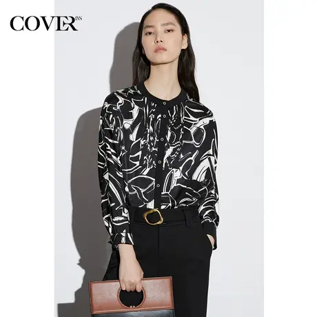 COVER2023春款仿醋酸绒缎面艺术线性几何印花不易皱衬衫图片