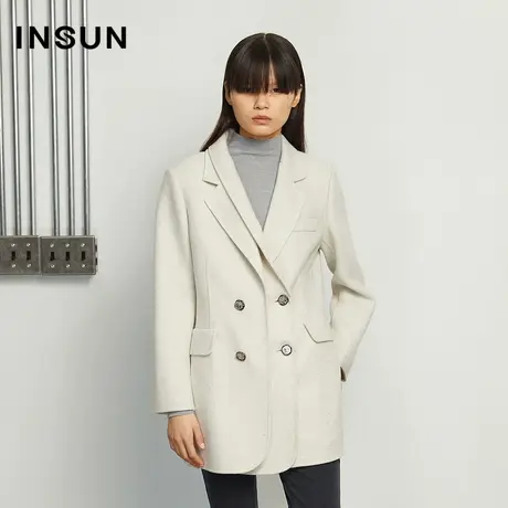 INSUN恩裳冬季修身浅色调双排扣毛呢外套图片