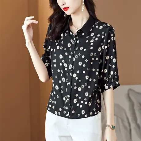 中年妈妈短袖真丝衬衫女大码缎面桑蚕丝上衣波点印花2023夏季新款商品大图