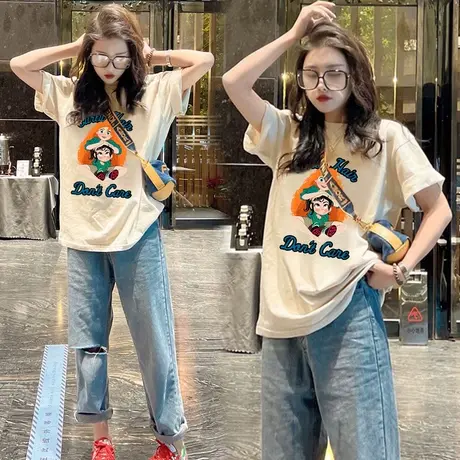 短袖t恤女2024新款夏季美式复古设计感小众宽松中长款纯棉上衣潮商品大图