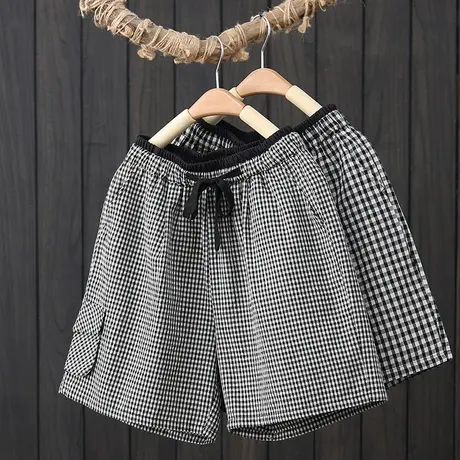 夏季新款复古棉麻格子阔腿裤女裤松紧腰宽松短裤百搭显瘦休闲热裤商品大图