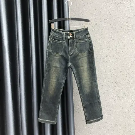港味复古个性口袋牛仔裤女2023秋冬新款加绒小个子高腰九分直筒裤图片