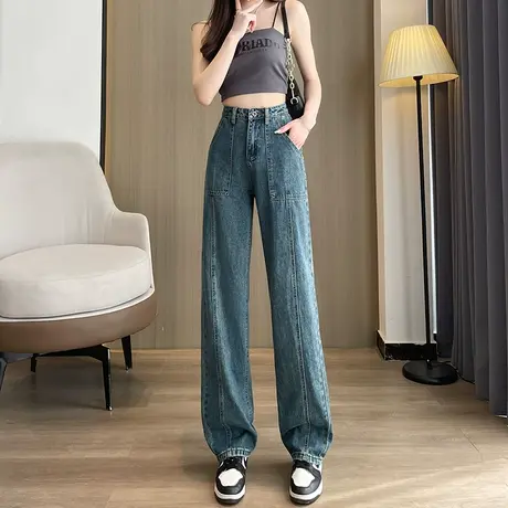 复古阔腿牛仔裤女2024年春秋新款高腰窄版宽松显瘦百搭直筒拖地裤商品大图