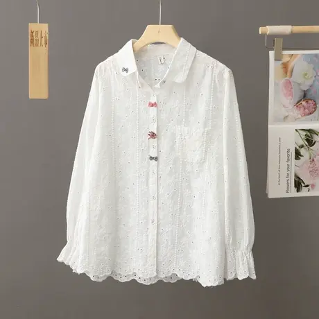 喇叭袖刺绣白色衬衫女长袖春秋季2024新款小翻领衬衣打底衫上衣女商品大图