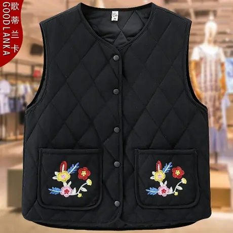 大码中老年妈妈秋冬羽绒棉马甲女200斤宽松洋气刺绣夹棉坎肩外套商品大图
