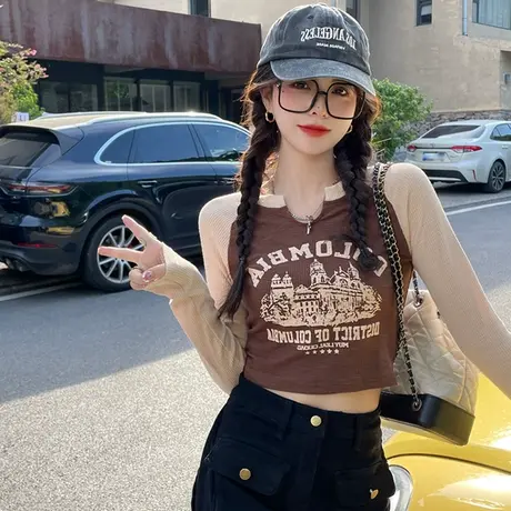 正肩长袖t恤女2024年新款秋季修身打底衫设计感小众短款辣妹上衣商品大图