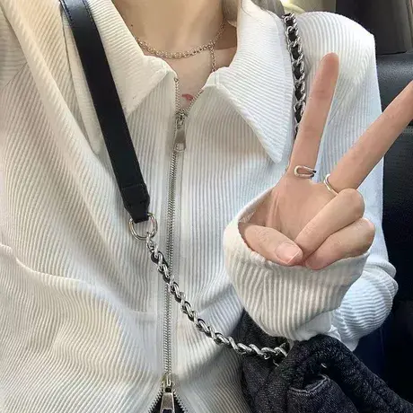 白色polo领坑条针织衫长袖正肩t恤女春秋新款设计感双头拉链开衫商品大图