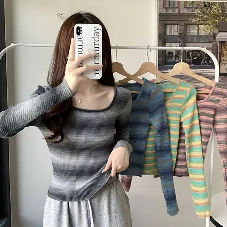 正肩长袖T恤女2024秋装新款内搭修身显瘦条纹针织打底衫上衣冬季图片