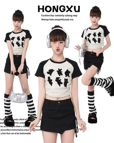 红续夏季美式复古撞色插肩兔子植绒刺绣修身正肩短袖T恤女设计感商品大图