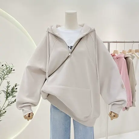 韩系春秋新款设计感小众半拉链拼接宽松慵懒风bf连帽卫衣女外套商品大图