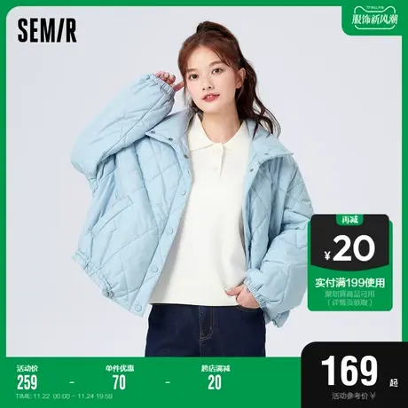 森马棉服女菱形格立领oversize小个子冬季抽绳薄款棉衣温柔系文艺图片
