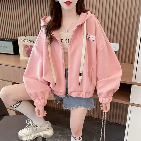 早秋连帽卫衣女2023新款春秋季韩版宽松大码初秋薄款洋气开衫外套商品大图