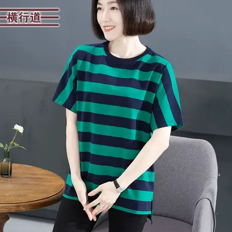 圆领宽松条纹中长款短袖T恤女装2024新款夏装半袖打底衫休闲上衣商品大图