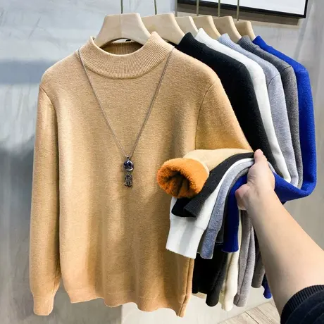 加绒一体绒男士打底衫半高领毛衣秋冬修身休闲中领加厚保暖针织衫商品大图