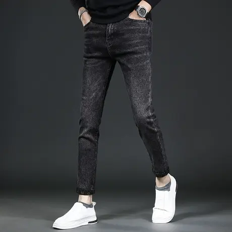 2022年秋季新款黑色九分牛仔裤男款修身小脚潮流裤脚印花潮牌男裤商品大图