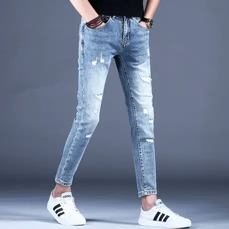 九分破洞牛仔裤男款秋冬薄款裤子2023高街爆款9分休闲裤修身小脚商品大图