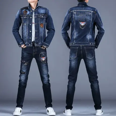 2023男士新款牛仔夹克男修身烫钻花潮酷牛仔套装秋冬百搭上衣外套图片