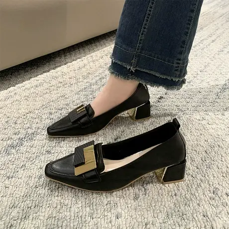 2024新款软皮粗跟高跟鞋女春秋小方头5CM舒适软皮单鞋工作鞋外穿图片