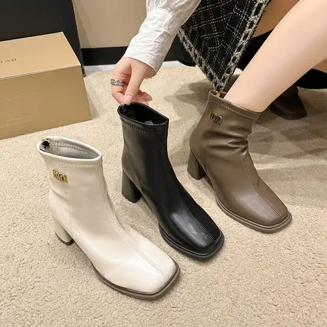 法式气质小短靴女马丁靴2023年新款秋冬季新款方头复古高跟女靴子图片