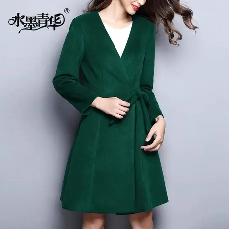 水墨青华2023冬装新品V领长袖系带修身毛呢外套百搭中长款女大衣商品大图