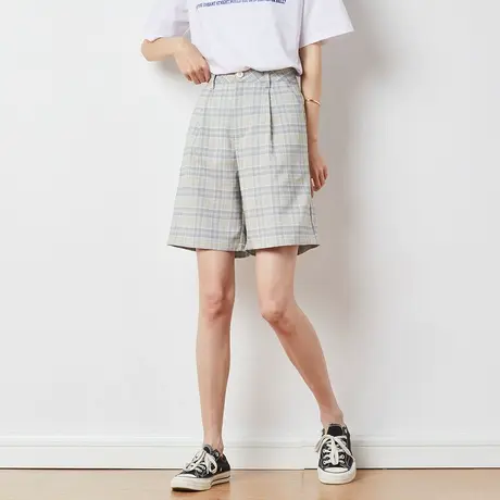 唐狮夏装休闲短裤女韩版显瘦格子裤宽松阔腿短裤显瘦高腰百搭商品大图